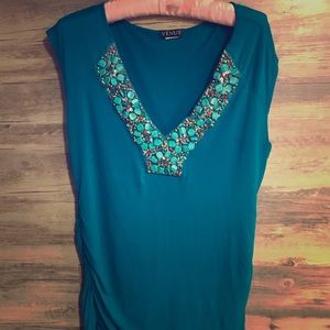 Venus Turquoise Bead Embellished V-Neck Top